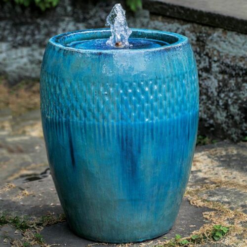 Malmo Fountain, Tall (terracotta In Mediterranean Blue) glazed terracotta, terra cotta, water feature, garden fountain