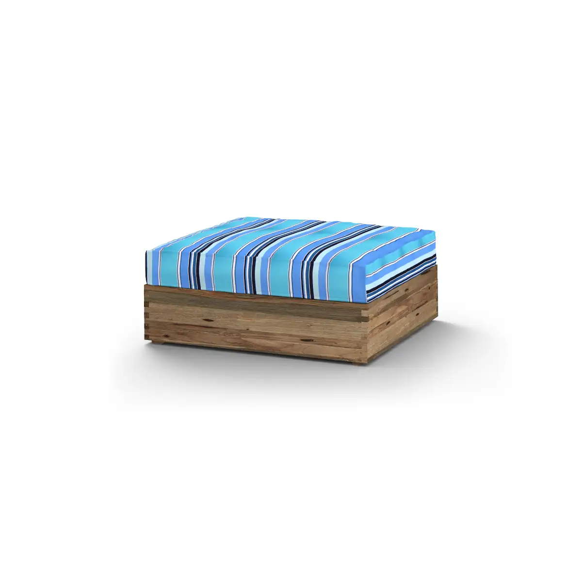 Aik03 F36 C58 Aiko Comfort Ottoman, Drift Look Teak Original Finish, Cushion Sunbrella Stripes Dolce Oasis