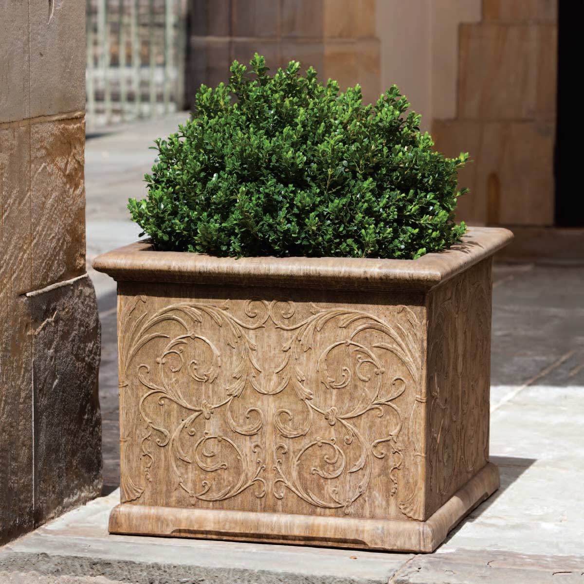 Arabesque Square Planter (cast Stone In Aged Limestone Finish)