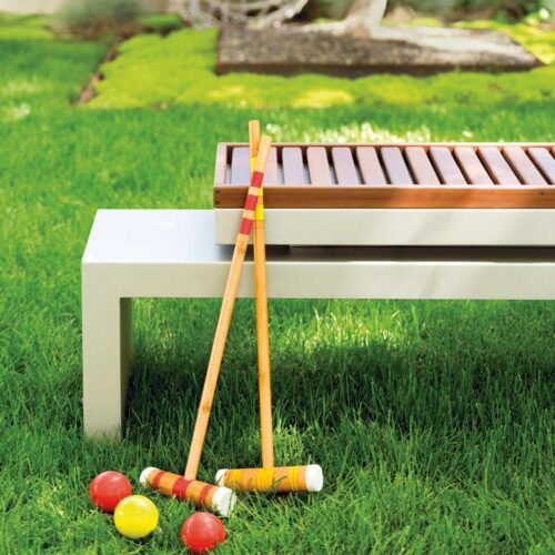 Cantilever Bench Material: Aluminum, Ipe Finish: Linen White cantilever bench yard art metal outdoor furniture seating