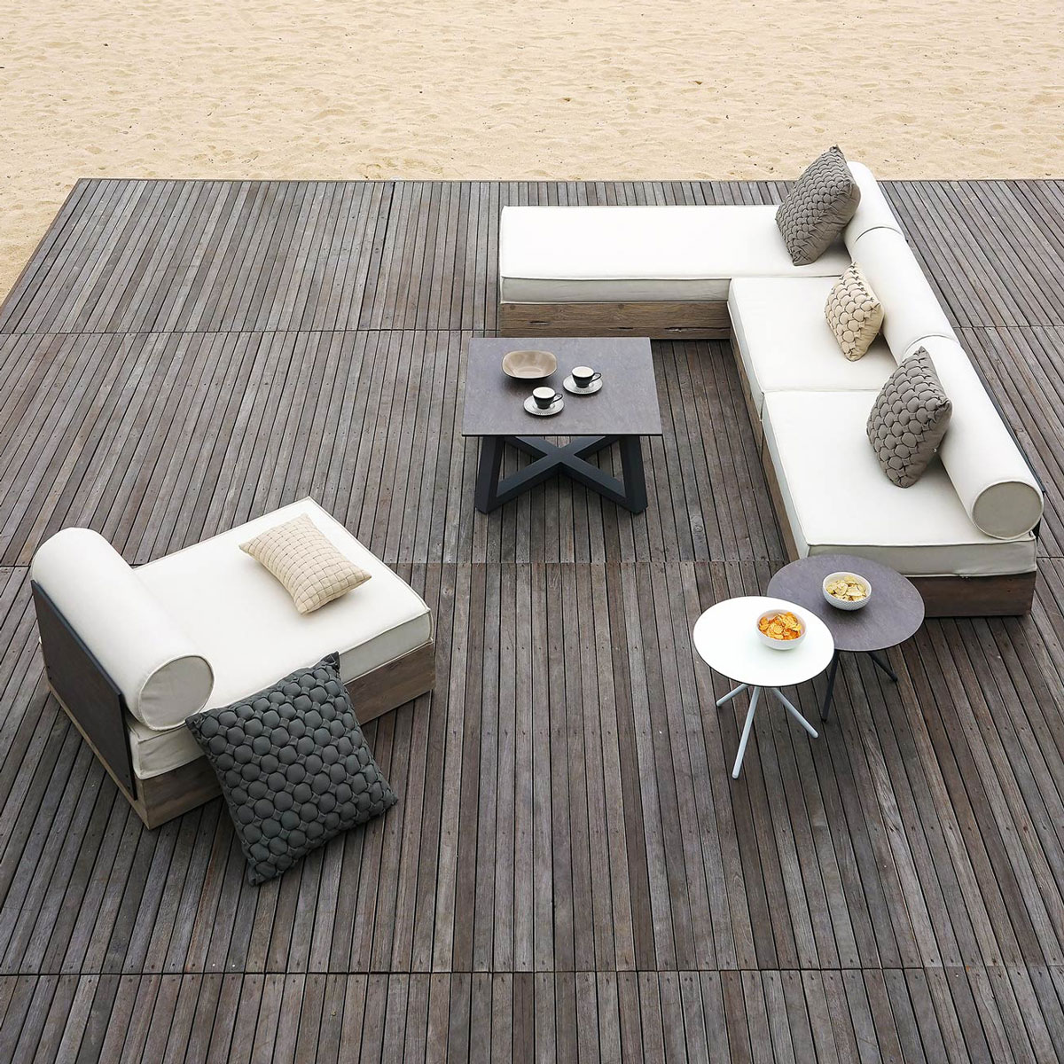 Aiko Deep Module Armless With Aiko Comfort Module And Square Bono Side Low Table Drift Look Teak (original), High Pressure Laminate (white), Stainless Steel Caster Wheels And Connectors, Sunbrella Cushions (white)