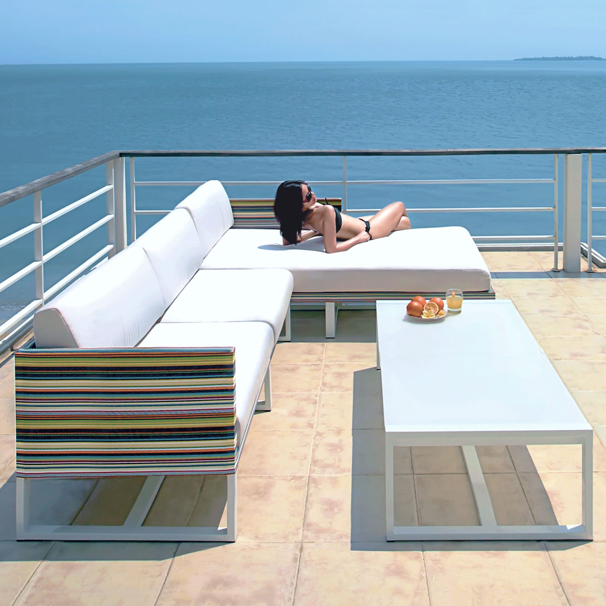 Stripe Left Hand Chaise And Right Sectional With Mono Hpl Coffee Table Powder Coated Aluminum (white), Twitchell Stripes Textilene (green Barcode), Sunbrella Canvas (white)