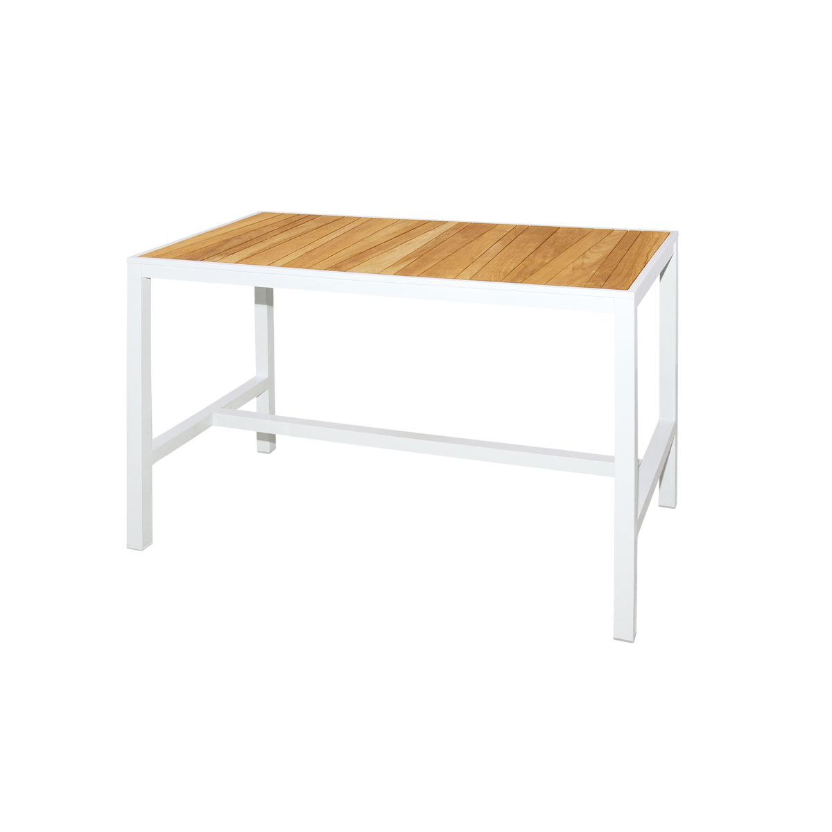 Allux 59" X 31 5" Bar Table With Teak Top Powder Coat Aluminum (white), Plantation Teak Abstract Slats (smooth Sanded)