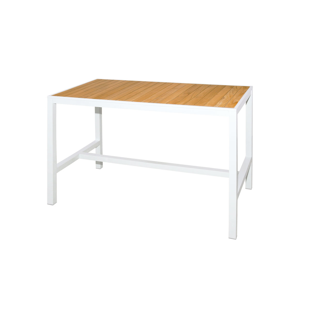 Allux 59" X 31 5" Bar Table With Teak Top Powder Coat Aluminum (white), Plantation Teak Straight Slats (smooth Sanded)