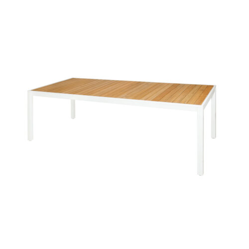 Allux Dining Table 86 5" X 39 5" Powder Coat Aluminum (white), Plantation Teak Straight Slats (smooth Sanded)
