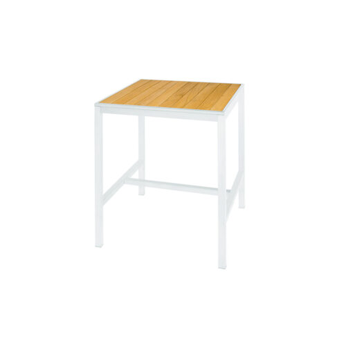 Allux 31 5" X 31 5" Bar Table With Teak Top Powder Coat Aluminum (white), Plantation Teak Straight Slats (smooth Sanded)