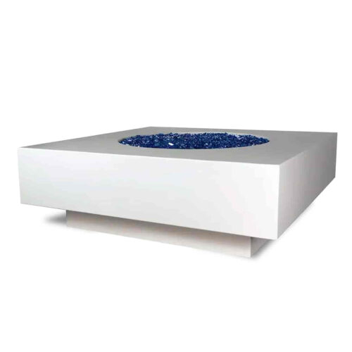 Midway Square Fire Table (glass Fiber Reinforced Concrete In White Solid Finish And Bali Blue Reflective Diamond Fire Glass) aspen square fire pit gfrc contemporary outdoor decor yard art