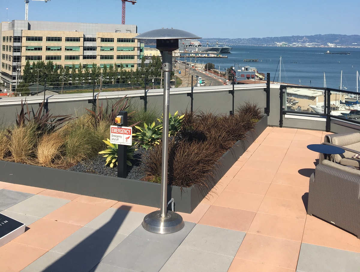 San Francisco Bay View from rooftop deck with metal planters
