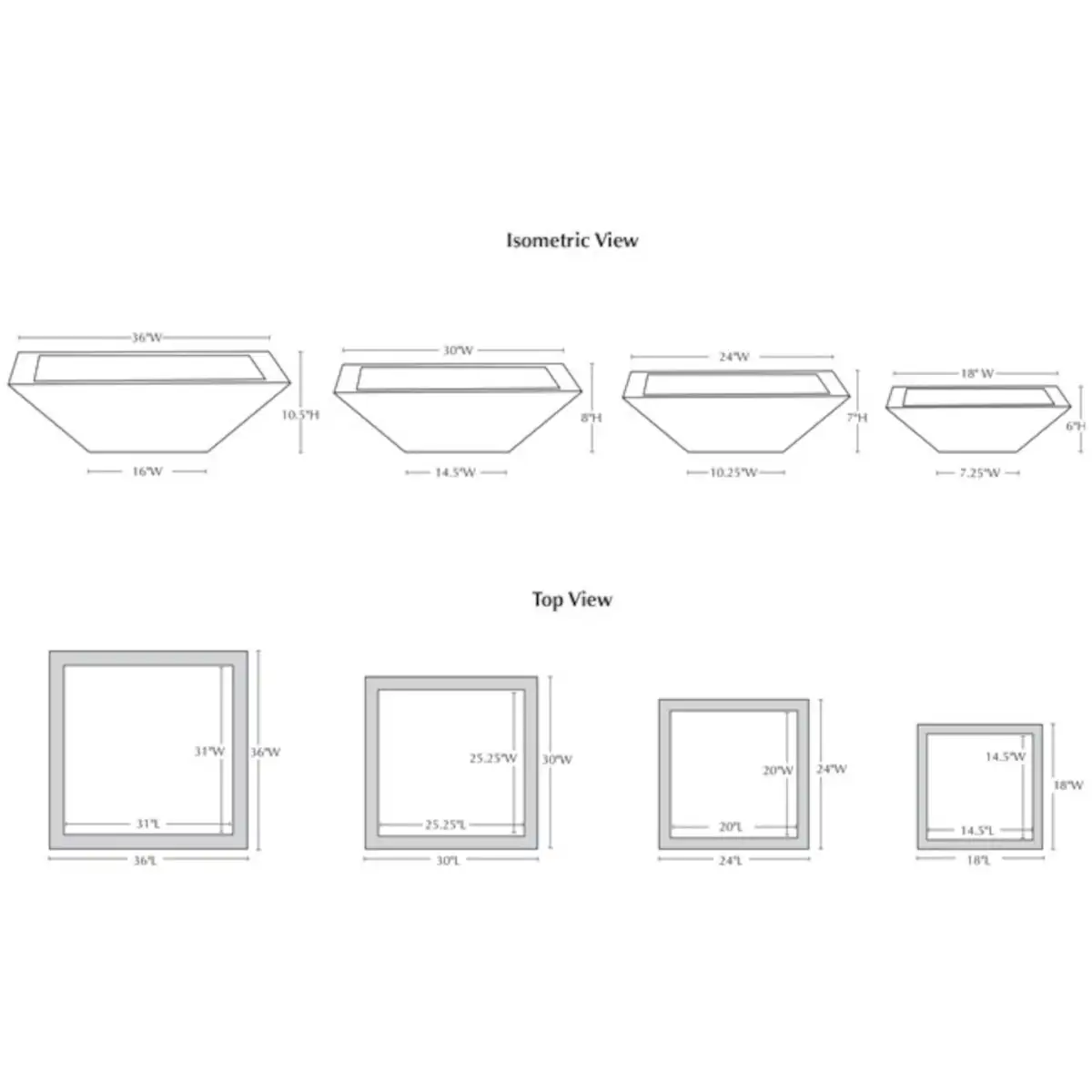 Square Zen Bowls Specifications 56563 cast stone, garden, contemporary, planter, bowl